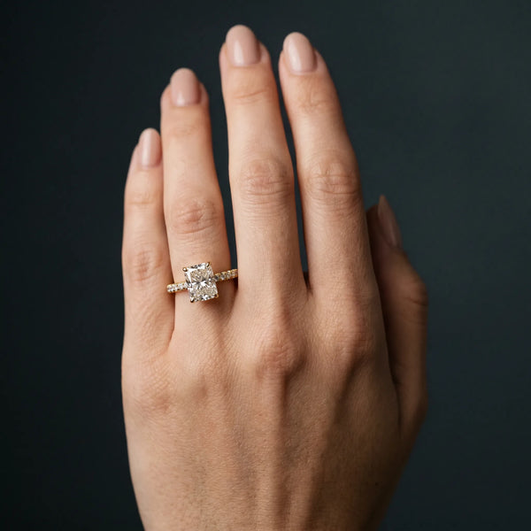 Yellow gold Radiant Cut Diamond Pave Band Solitaire Ring with Round  and Prong Setting