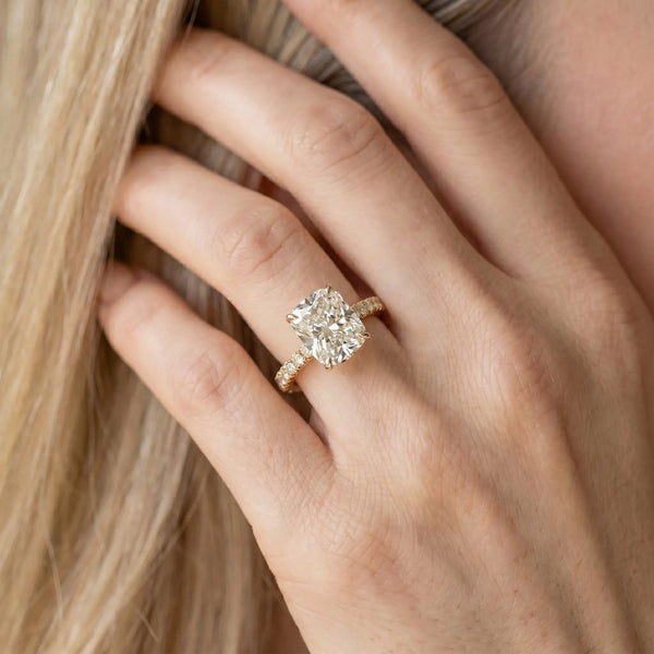Yellow gold Radiant Cut Diamond Pave Band Solitaire Ring with Round  and Prong Setting