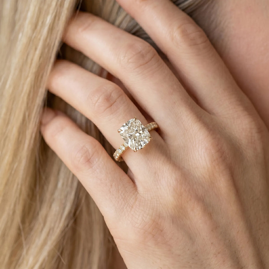 Yellow gold Radiant Cut Diamond Pave Band Solitaire Ring with Round  and Prong Setting