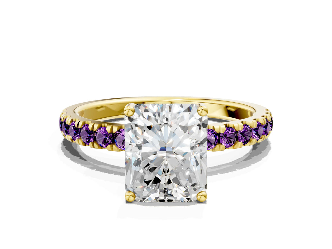 Yellow gold Radiant Cut Diamond Pave Band Solitaire Ring with Round with Amethyst side stone and Prong Setting