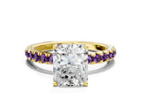 Yellow gold Radiant Cut Diamond Pave Band Solitaire Ring with Round with Amethyst side stone and Prong Setting