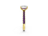Yellow gold Radiant Cut Diamond Pave Band Solitaire Ring with Round with Amethyst side stone and Prong Setting_2