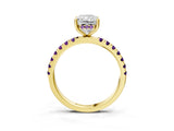 Yellow gold Radiant Cut Diamond Pave Band Solitaire Ring with Round with Amethyst side stone and Prong Setting_3