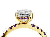 Yellow gold Radiant Cut Diamond Pave Band Solitaire Ring with Round with Amethyst side stone and Prong Setting_4