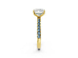 Yellow gold Radiant Cut Diamond Pave Band Solitaire Ring with Round with Aquamarine side stone and Prong Setting_14