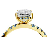 Yellow gold Radiant Cut Diamond Pave Band Solitaire Ring with Round with Aquamarine side stone and Prong Setting_16