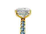 Yellow gold Radiant Cut Diamond Pave Band Solitaire Ring with Round with Aquamarine side stone and Prong Setting_17