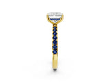 Yellow gold Radiant Cut Diamond Pave Band Solitaire Ring with Round with Blue Sapphire side stone and Prong Setting_14