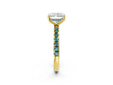 Yellow gold Radiant Cut Diamond Pave Band Solitaire Ring with Round with Blue Topaz side stone and Prong Setting_14