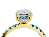 Yellow gold Radiant Cut Diamond Pave Band Solitaire Ring with Round with Blue Topaz side stone and Prong Setting_16