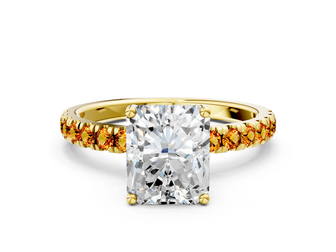 Yellow gold Radiant Cut Diamond Pave Band Solitaire Ring with Round with Citrine side stone and Prong Setting
