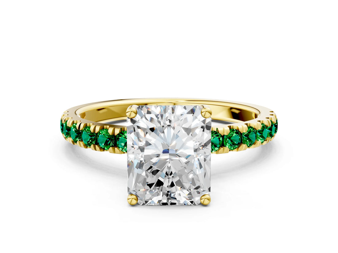 Yellow gold Radiant Cut Diamond Pave Band Solitaire Ring with Round with Emerald side stone and Prong Setting_12