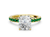 Yellow gold Radiant Cut Diamond Pave Band Solitaire Ring with Round with Emerald side stone and Prong Setting_12
