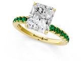 Yellow gold Radiant Cut Diamond Pave Band Solitaire Ring with Round with Emerald side stone and Prong Setting_13