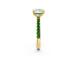 Yellow gold Radiant Cut Diamond Pave Band Solitaire Ring with Round with Emerald side stone and Prong Setting_14