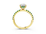 Yellow gold Radiant Cut Diamond Pave Band Solitaire Ring with Round with Emerald side stone and Prong Setting_15