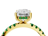 Yellow gold Radiant Cut Diamond Pave Band Solitaire Ring with Round with Emerald side stone and Prong Setting_16