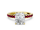 Yellow gold Radiant Cut Diamond Pave Band Solitaire Ring with Round with Garnet side stone and Prong Setting_12