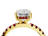 Yellow gold Radiant Cut Diamond Pave Band Solitaire Ring with Round with Garnet side stone and Prong Setting_16