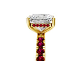 Yellow gold Radiant Cut Diamond Pave Band Solitaire Ring with Round with Garnet side stone and Prong Setting_17