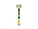 Yellow gold Radiant Cut Diamond Pave Band Solitaire Ring with Round with Green Sapphire side stone and Prong Setting_26