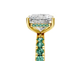 Yellow gold Radiant Cut Diamond Pave Band Solitaire Ring with Round with Green Sapphire side stone and Prong Setting_29