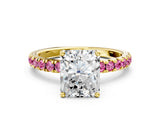 Yellow gold Radiant Cut Diamond Pave Band Solitaire Ring with Round with Pink Sapphire side stone and Prong Setting_12