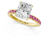 Yellow gold Radiant Cut Diamond Pave Band Solitaire Ring with Round with Pink Sapphire side stone and Prong Setting_13
