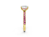 Yellow gold Radiant Cut Diamond Pave Band Solitaire Ring with Round with Pink Sapphire side stone and Prong Setting_14