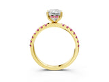 Yellow gold Radiant Cut Diamond Pave Band Solitaire Ring with Round with Pink Sapphire side stone and Prong Setting_15