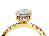 Yellow gold Radiant Cut Diamond Pave Band Solitaire Ring with Round with Pink Sapphire side stone and Prong Setting_16