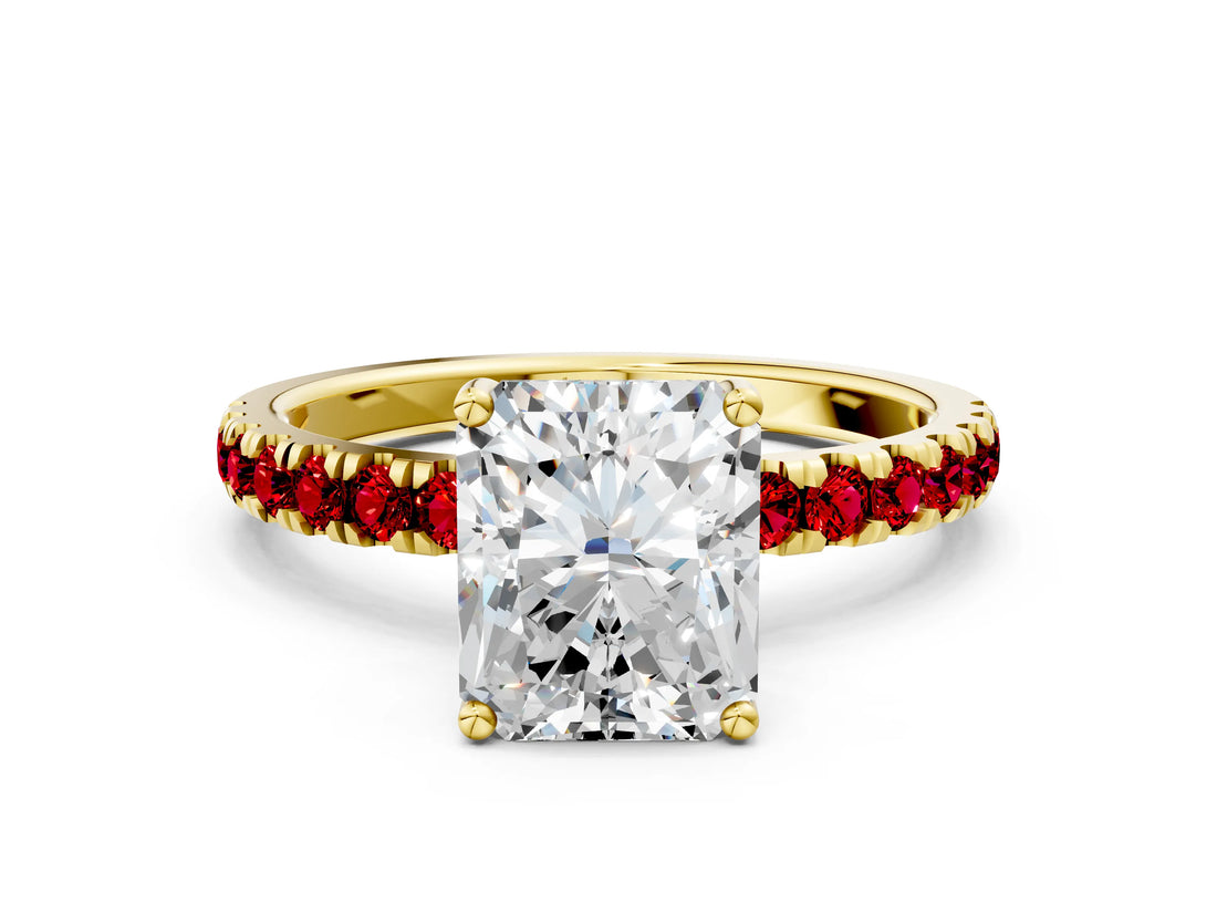 Yellow gold Radiant Cut Diamond Pave Band Solitaire Ring with Round with Ruby side stone and Prong Setting_12