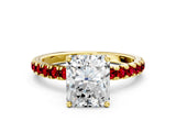 Yellow gold Radiant Cut Diamond Pave Band Solitaire Ring with Round with Ruby side stone and Prong Setting_12