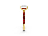 Yellow gold Radiant Cut Diamond Pave Band Solitaire Ring with Round with Ruby side stone and Prong Setting_14