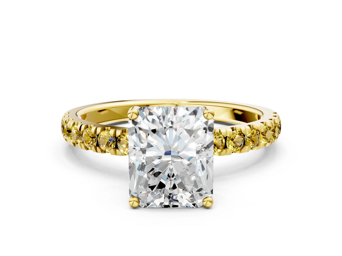 Yellow gold Radiant Cut Diamond Pave Band Solitaire Ring with Round with Yellow Sapphire side stone and Prong Setting_12