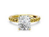 Yellow gold Radiant Cut Diamond Pave Band Solitaire Ring with Round with Yellow Sapphire side stone and Prong Setting_12