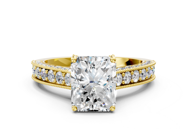 Yellow gold Radiant Cut Diamond Solitaire Ring with Milgrain Pave Band and Four Prong Setting