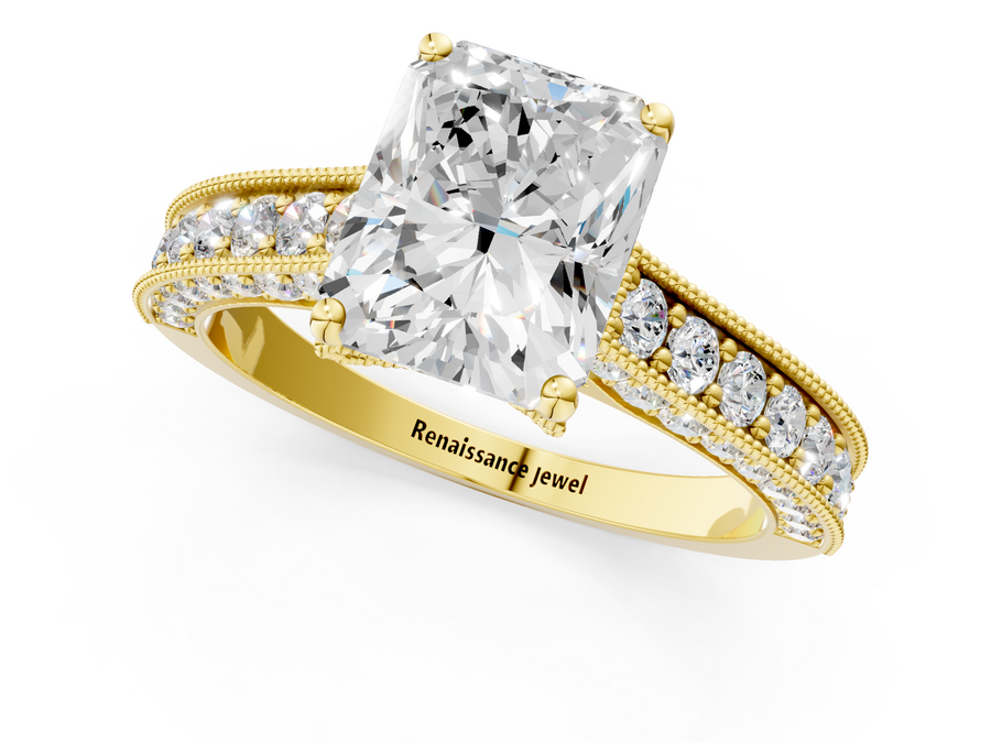 Yellow gold Radiant Cut Diamond Solitaire Ring with Milgrain Pave Band and Four Prong Setting