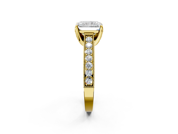 Yellow gold Radiant Cut Diamond Solitaire Ring with Milgrain Pave Band and Four Prong Setting