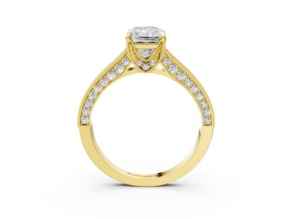 Yellow gold Radiant Cut Diamond Solitaire Ring with Milgrain Pave Band and Four Prong Setting
