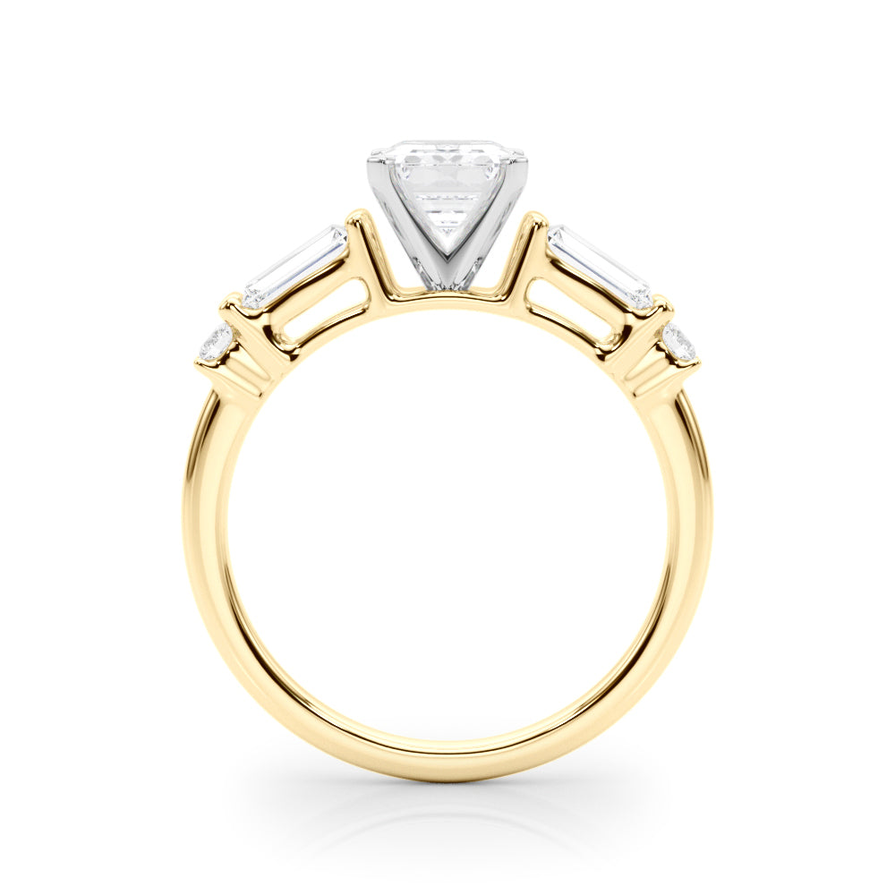 Yellow gold Radiant Cut Diamond Ring with Baguette Side Stones, Channel Set Band, and Four-Prong Setting 1