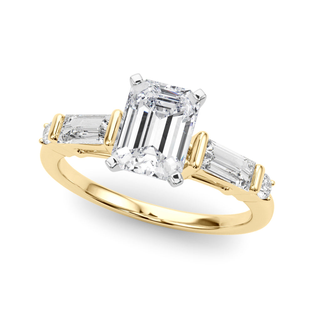 Yellow gold Radiant Cut Diamond Ring with Baguette Side Stones, Channel Set Band, and Four-Prong Setting 2