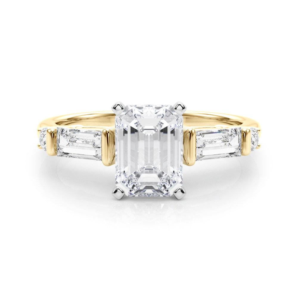 Yellow gold Radiant Cut Diamond Ring with Baguette Side Stones, Channel Set Band, and Four-Prong Setting