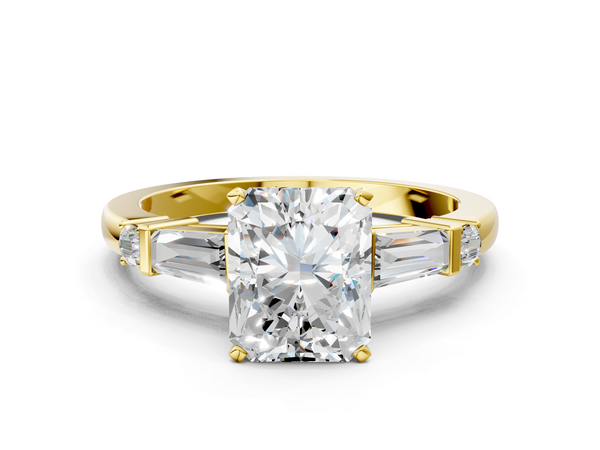 Yellow gold Radiant Cut Diamond Ring with Baguette Side Stones, Channel Set Band, and Four-Prong Setting