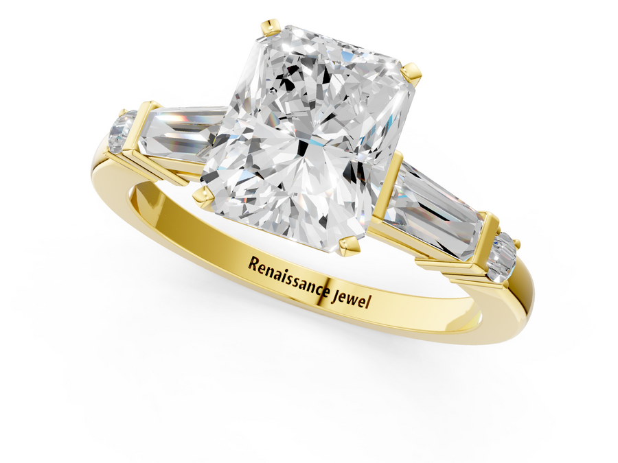 Yellow gold Radiant Cut Diamond Ring with Baguette Side Stones, Channel Set Band, and Four-Prong Setting