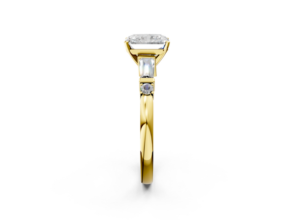 Yellow gold Radiant Cut Diamond Ring with Baguette Side Stones, Channel Set Band, and Four-Prong Setting