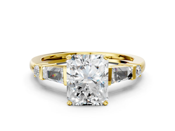 Yellow gold Radiant Cut Diamond Ring with Baguette Side Stones, Channel Set Band, and Four-Prong Setting