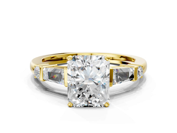 Yellow gold Radiant Cut Diamond Ring with Baguette Side Stones, Channel Set Band, and Four-Prong Setting