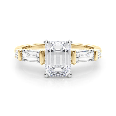 Yellow gold Radiant Cut Diamond Ring with Baguette Side Stones, Channel Set Band, and Four-Prong Setting