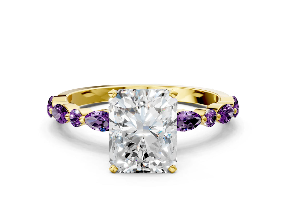 Yellow gold Radiant Cut Diamond Ring with Marquise and Round with Amethyst side stone Side Stones and Four-Prong Setting_24